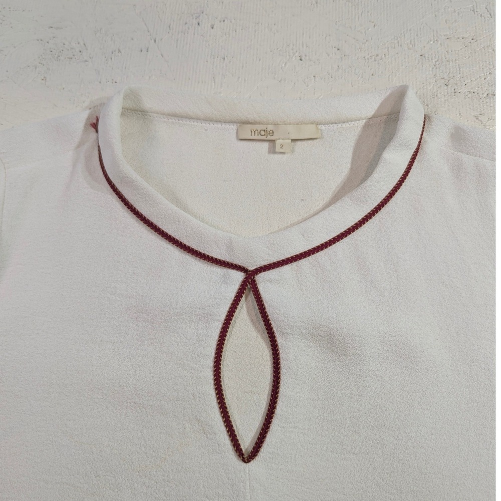 Maje White Textured‎ Tunic Top with Burgundy Trim Keyhole Neck Size 2 READ - Picture 2 of 14